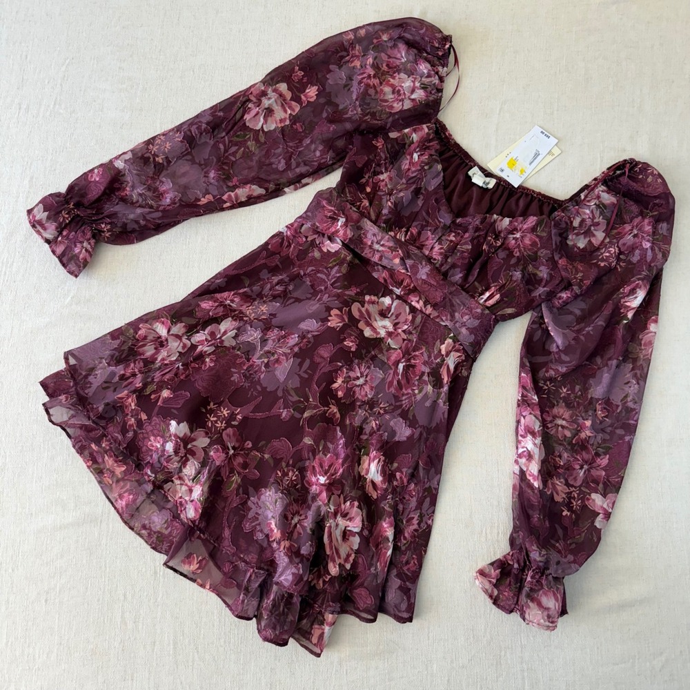 Allison + Kelly Burgundy Floral Burnout Chiffon Mini‎ Dress Small  NWT